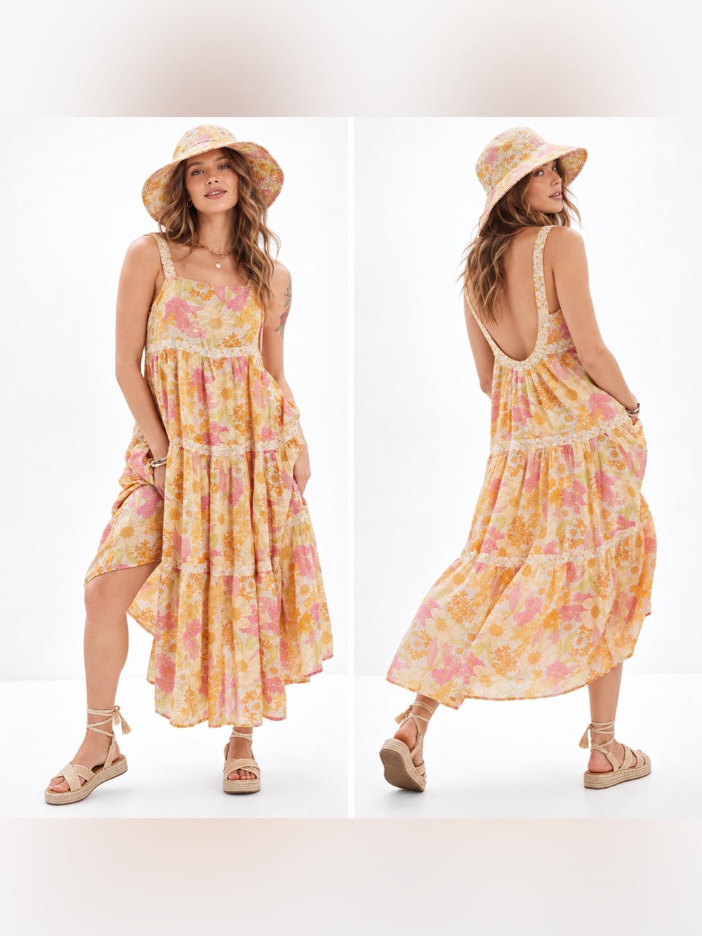 American Eagle Dress Womens Small Yellow Pink Floral Maxi Boho Open Back